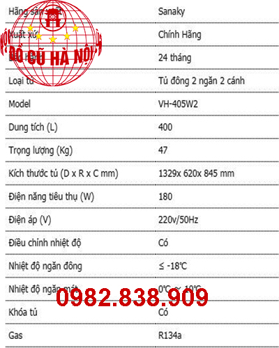 Thông số kỹ thuật tủ đông Sanaky VH-405W2 400 lít